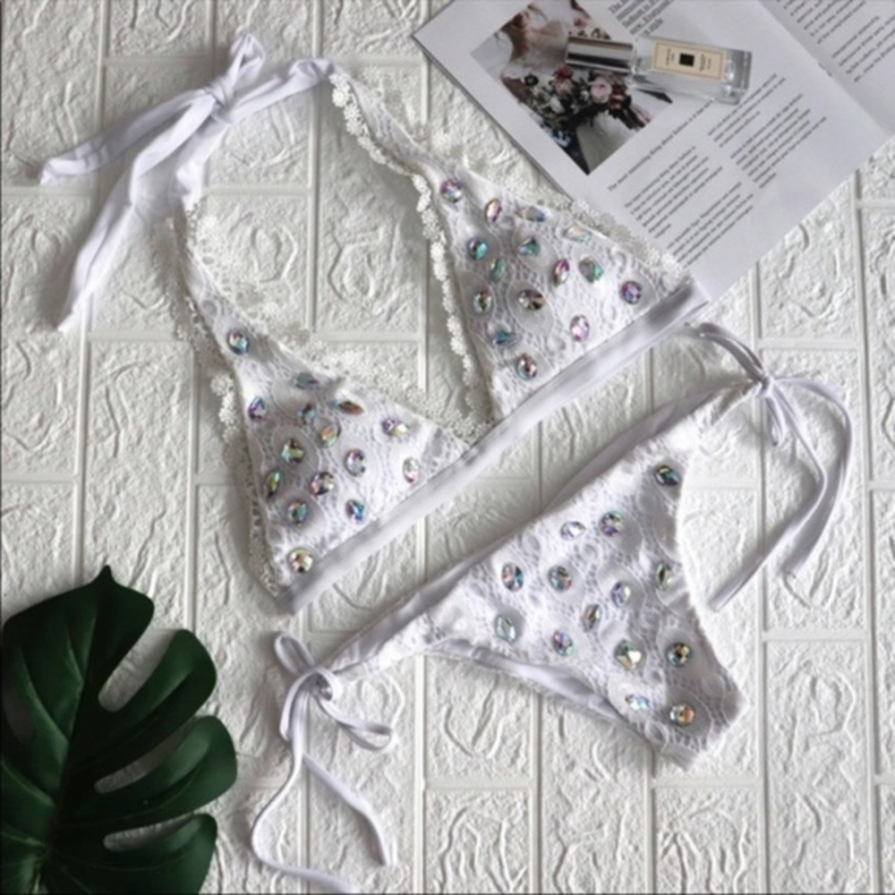 White lace bikini Swarovski crystals wedding bachelorette FIRM